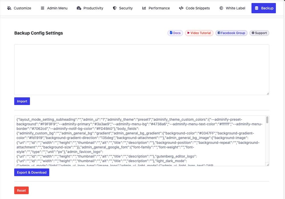 Backup configuration settings in WP Adminify
