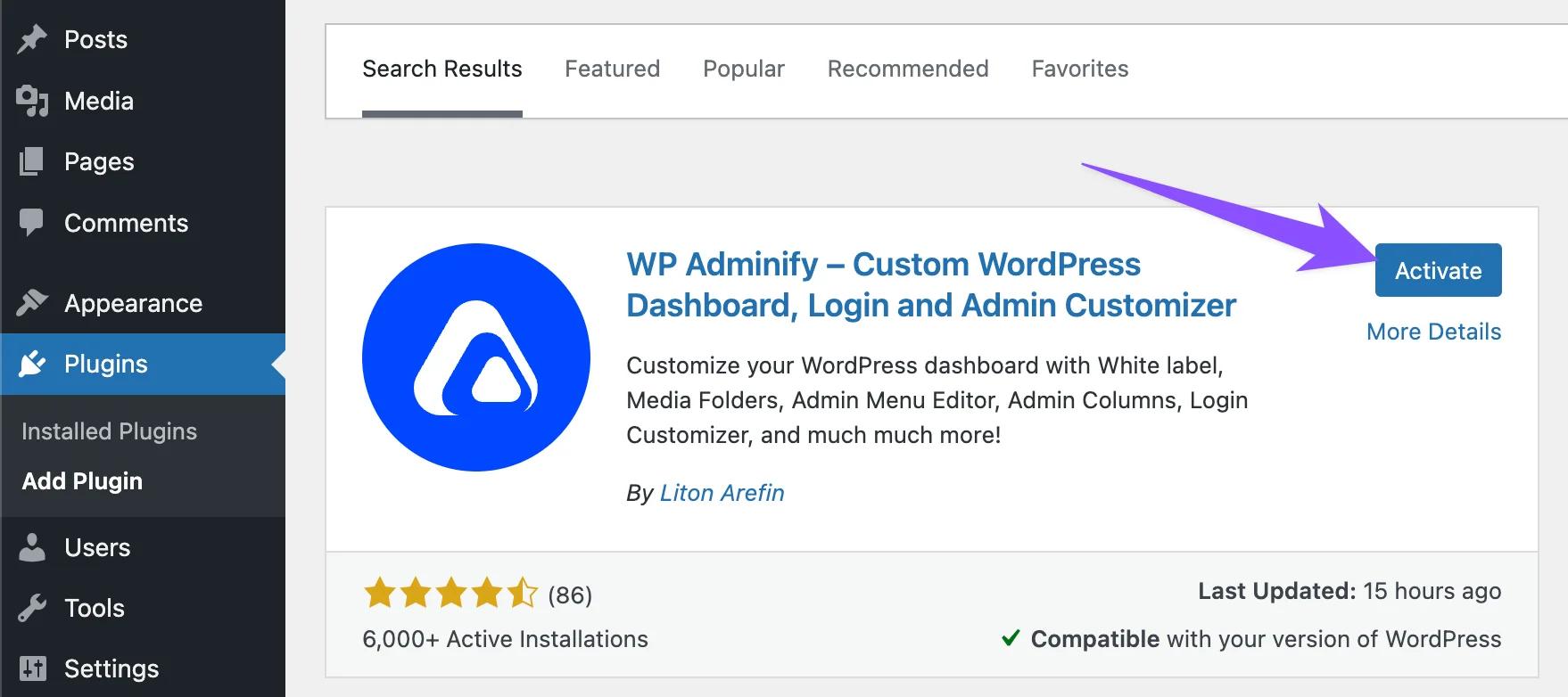 Plugin activation button for WP Adminify