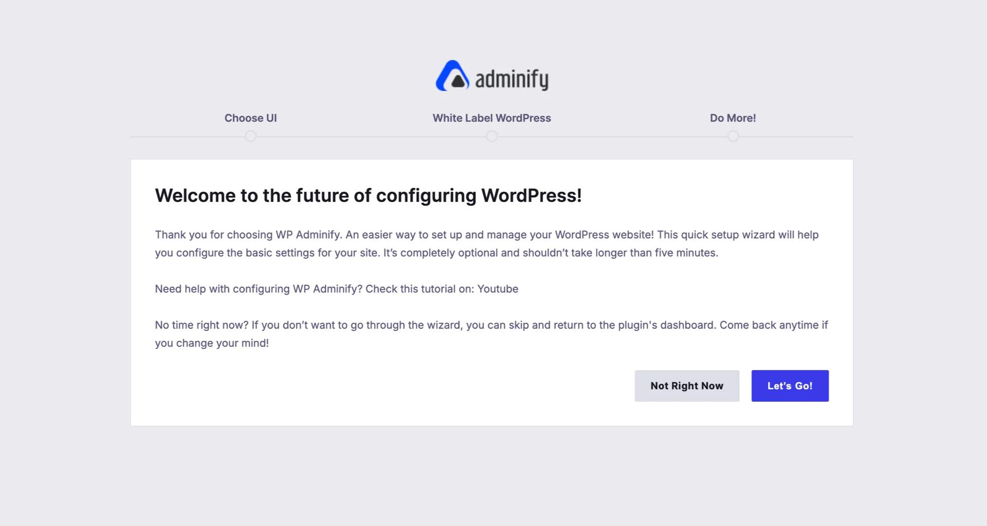 WP Adminify setup wizard first step