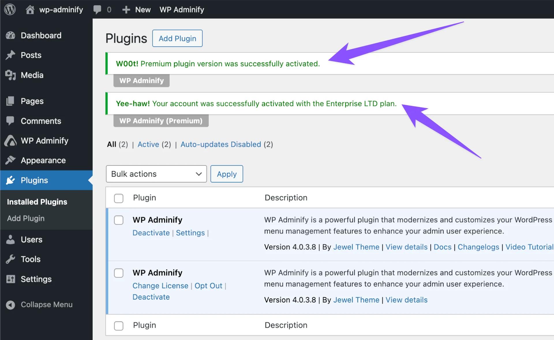 WP Adminify Pro version activated notice