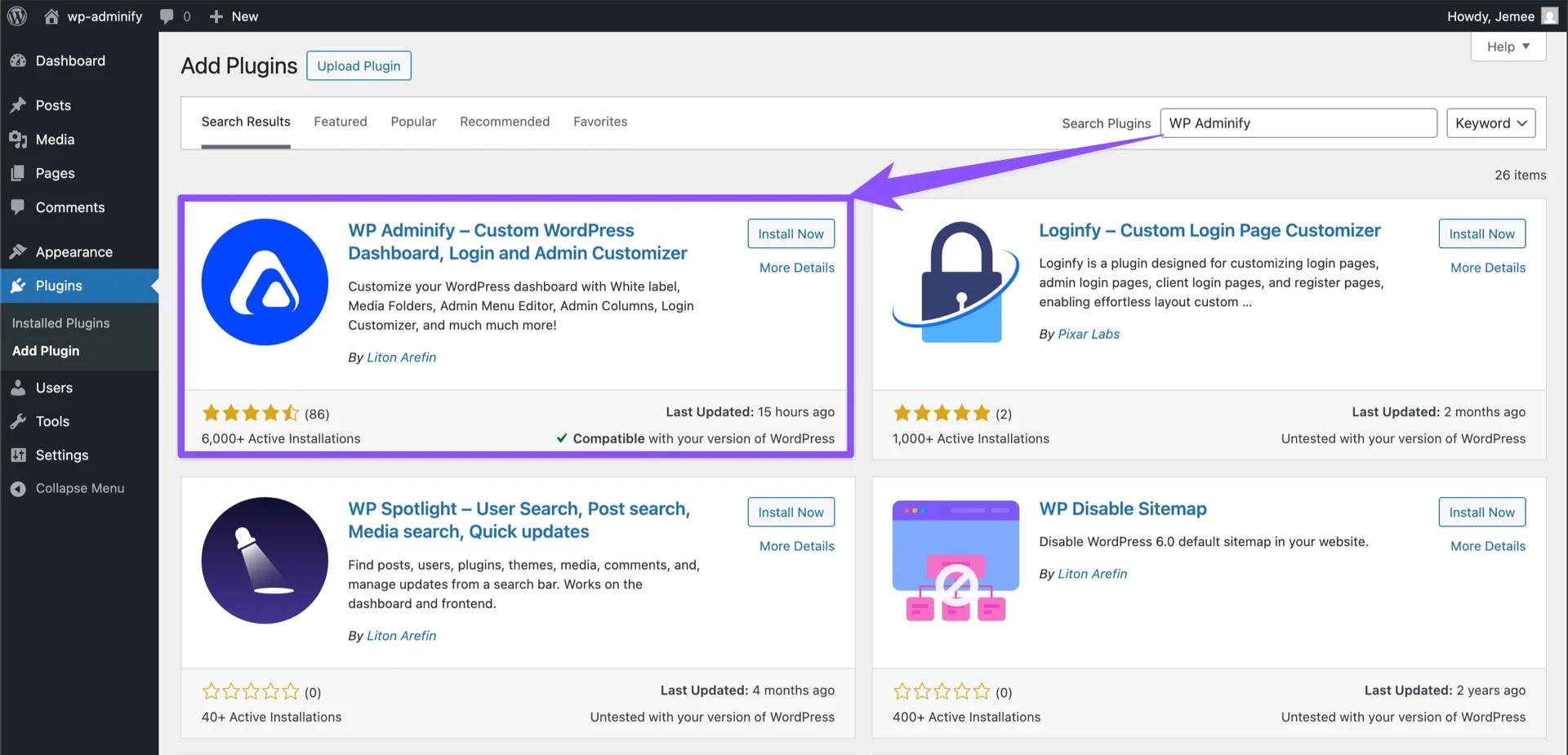 Search for WP Adminify plugin in WordPress repo