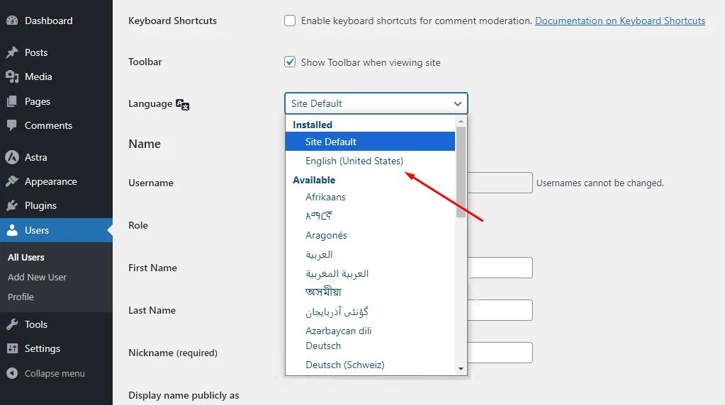 Select language on profile