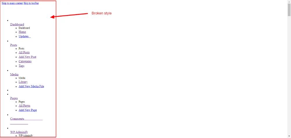 Broken CSS style on WP dashboard