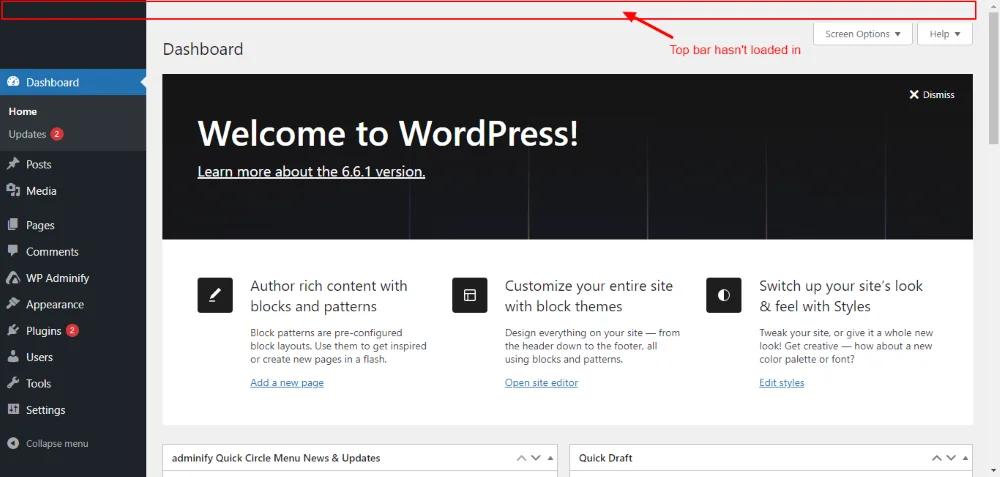Elements not loading on WP dashboard