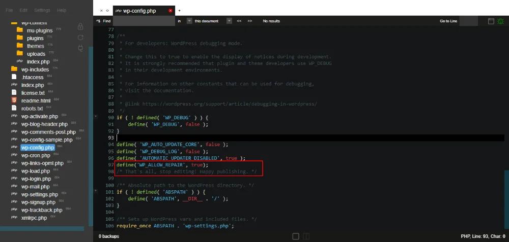 Database repair on wp.config.php file