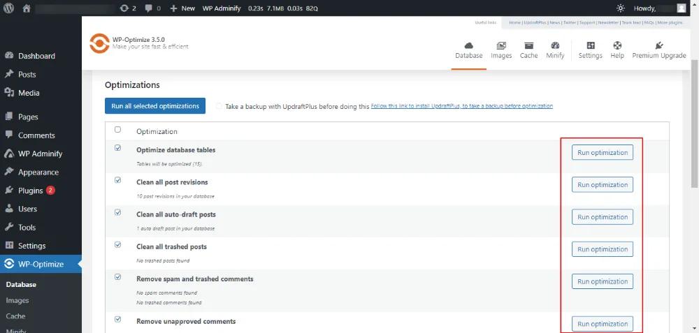WP Optimize database optimizations