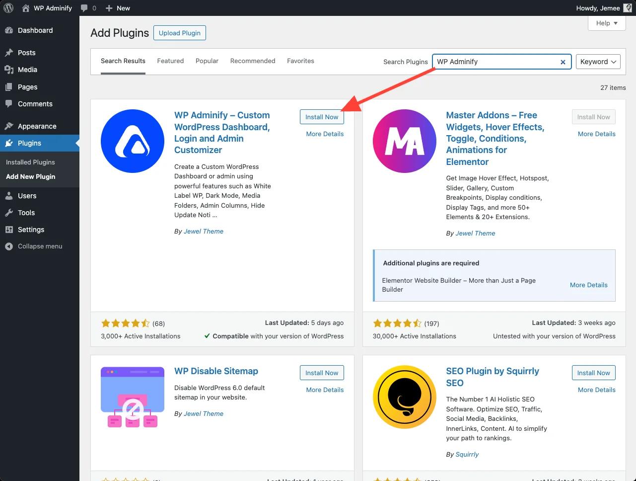 Free WP Adminify Plugin installation