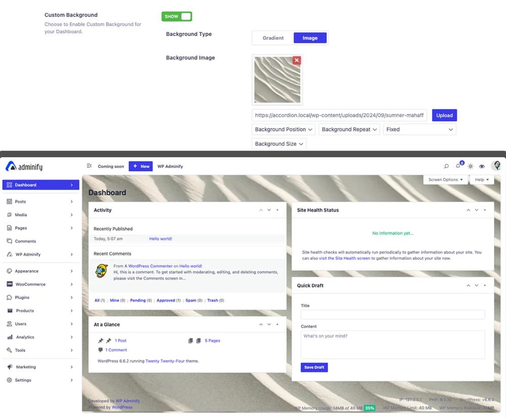 Add image background in WordPress Dashboard