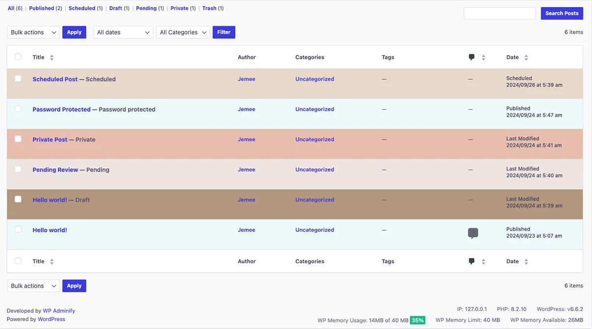 WordPress post list with color-coded status rows in WP Adminify