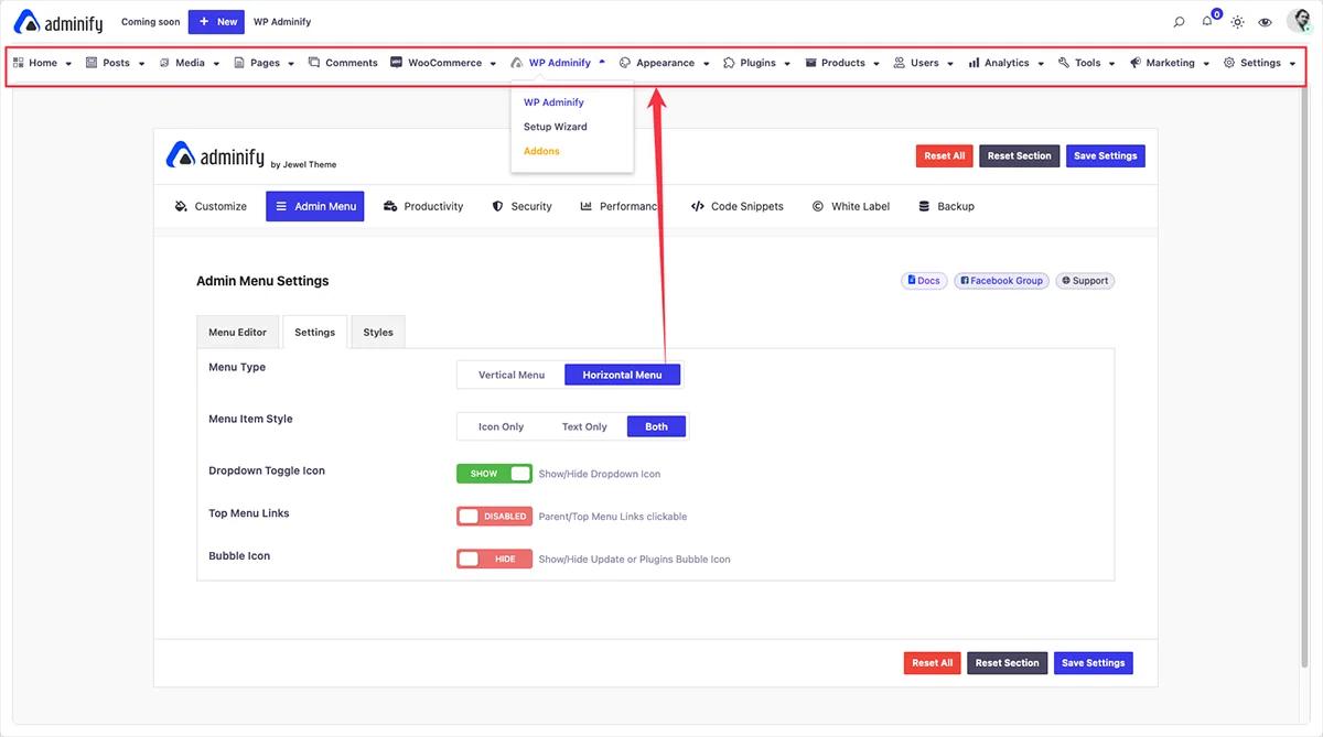 Horizontal Menu in WordPress Dashboard