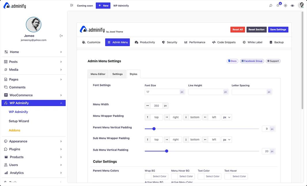 Font settings and styles for Admin menu