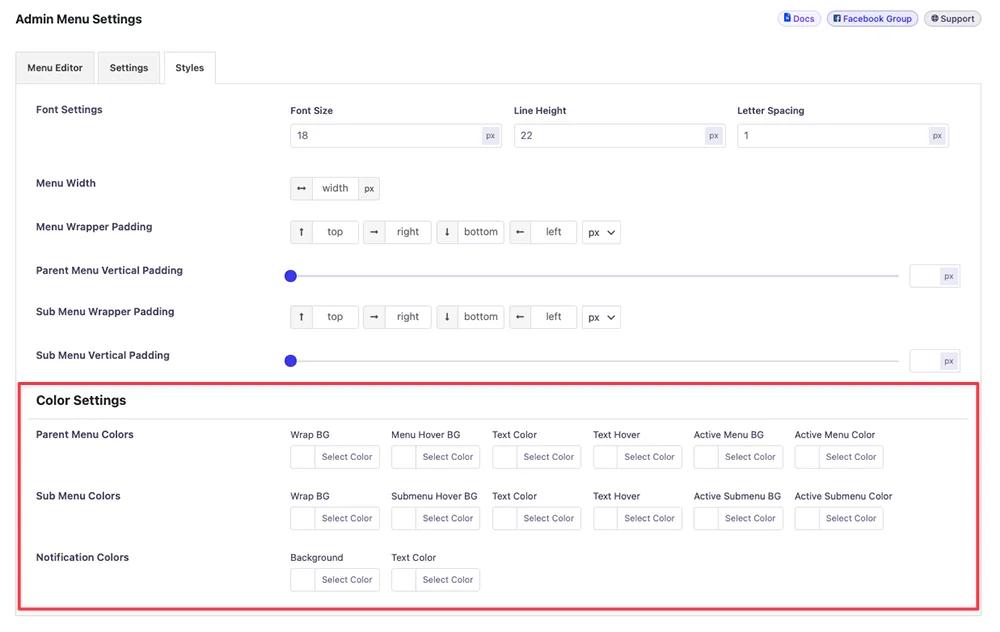 Accessing the Color Settings for Admin menu
