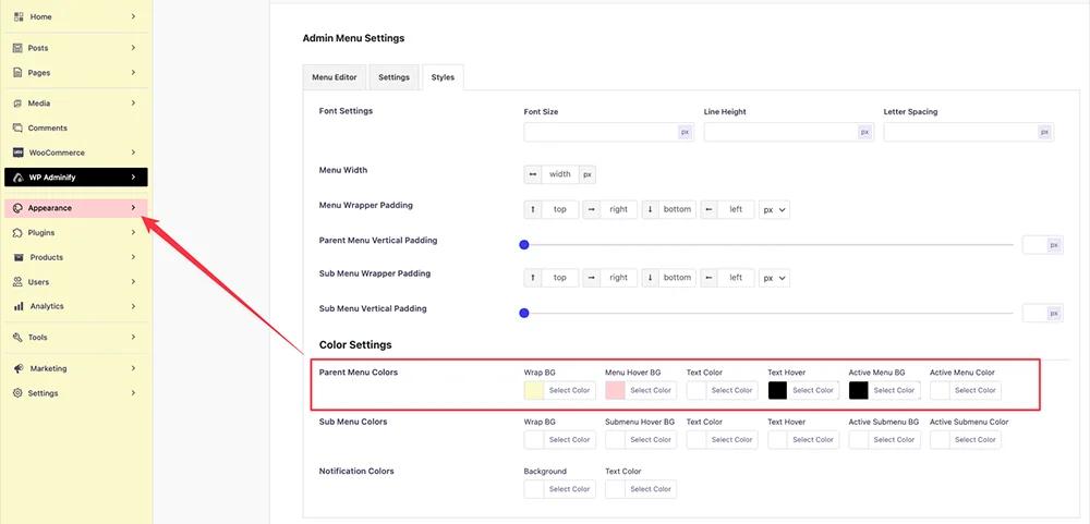Parent Menu Colors settings
