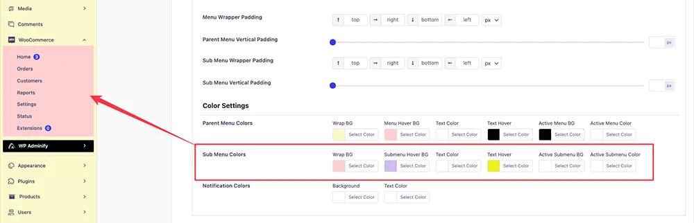 Sub Menu Colors settings for Admin menu