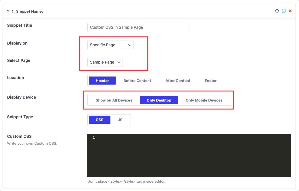 Add Custom CSS in specific page and device