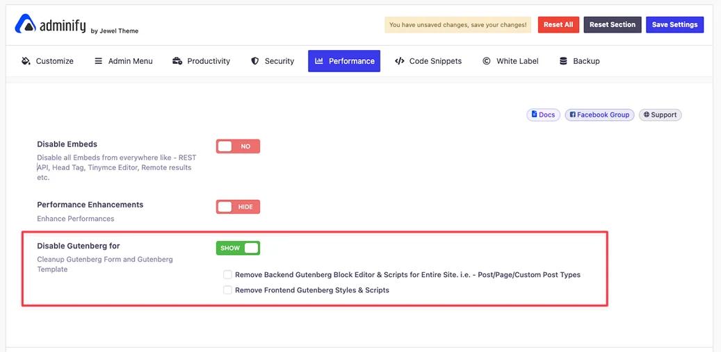 Disable gutenberg option in WP Adminify