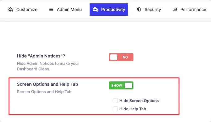 Hide screen options and help tab