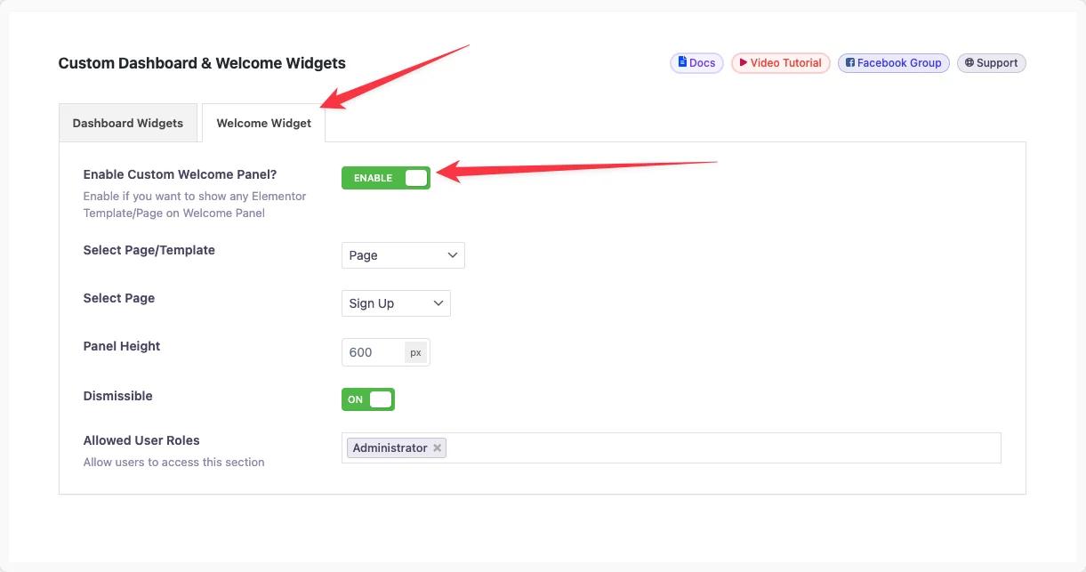 Enable welcome widget