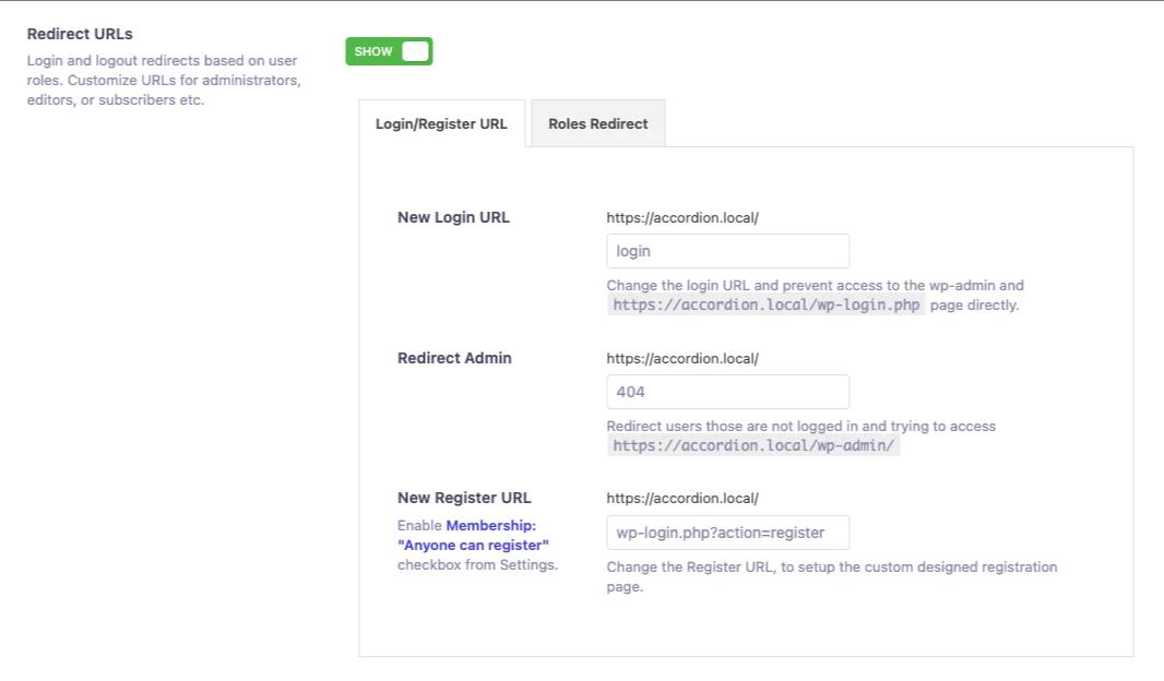 Login and Register URL change option