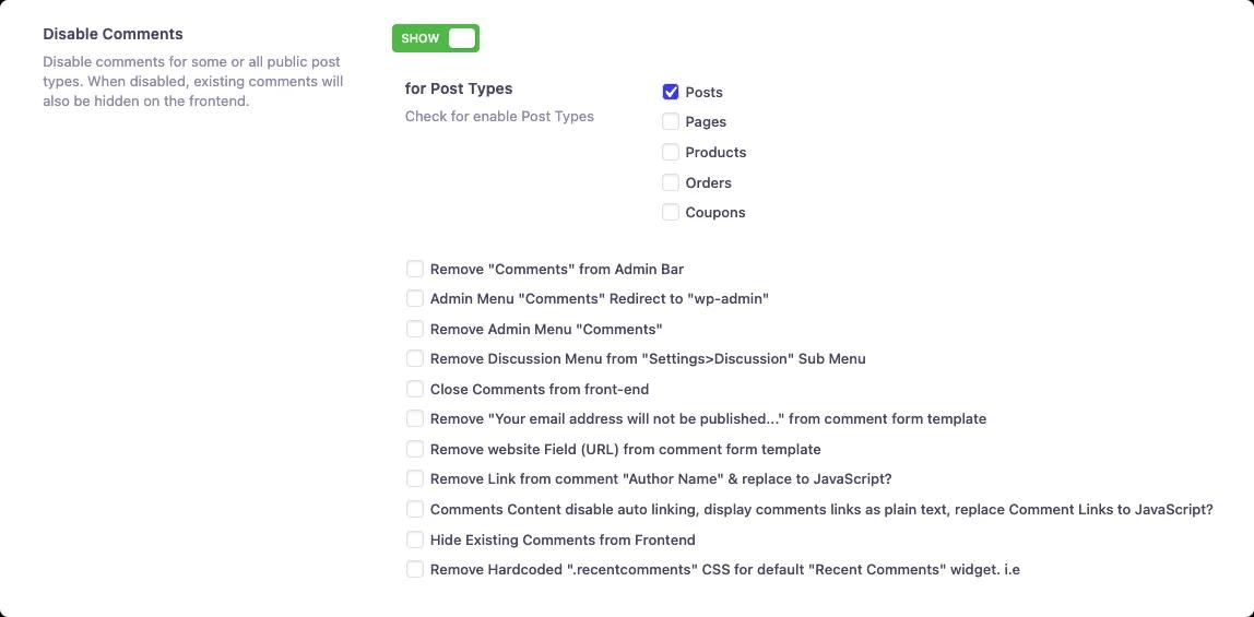 Disable comments for any post types