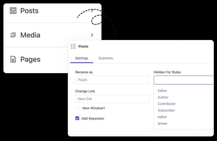 Hide admin menu items for user role and name