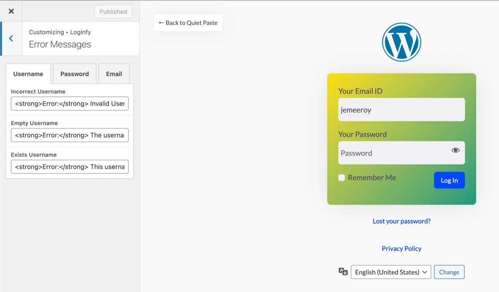 Login page Error message customization