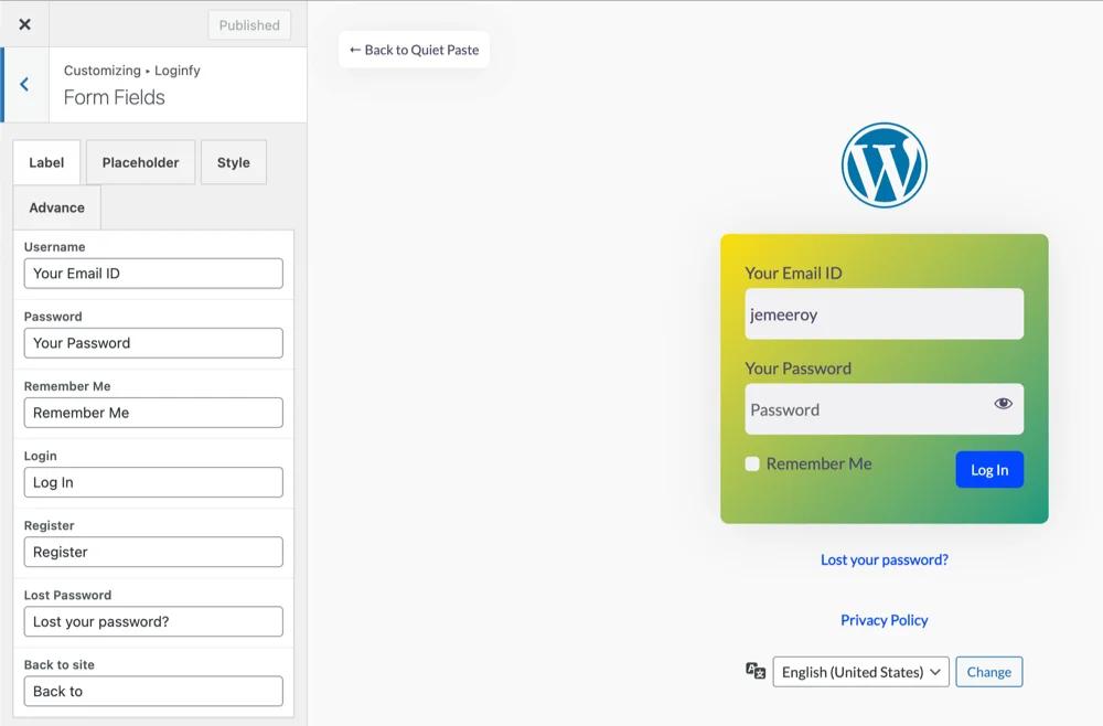 WordPress login page form fields customization