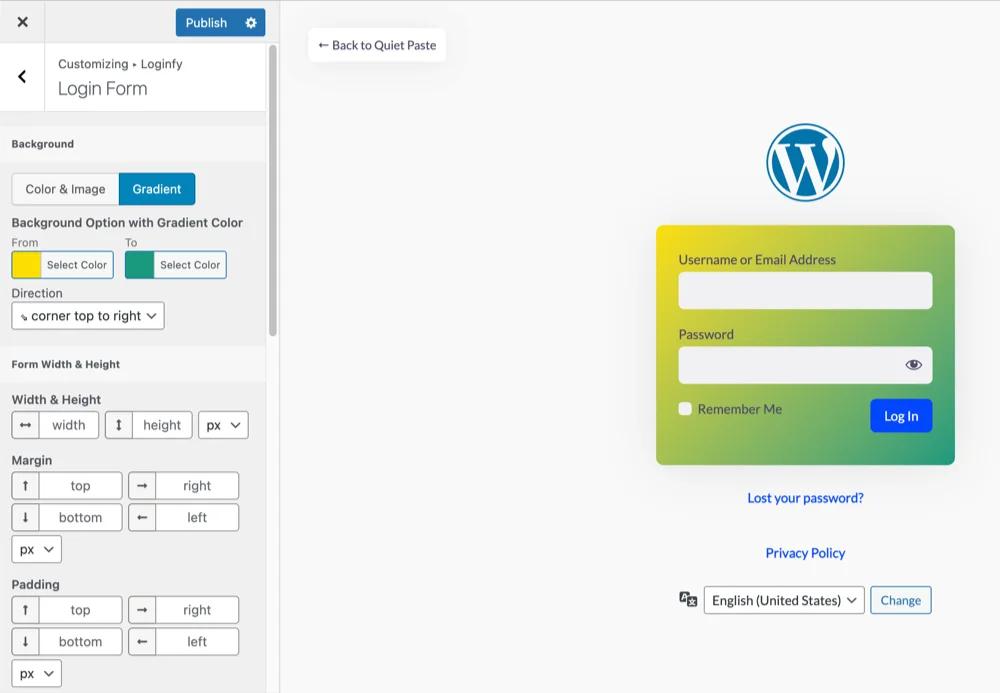 WordPress login page form customization