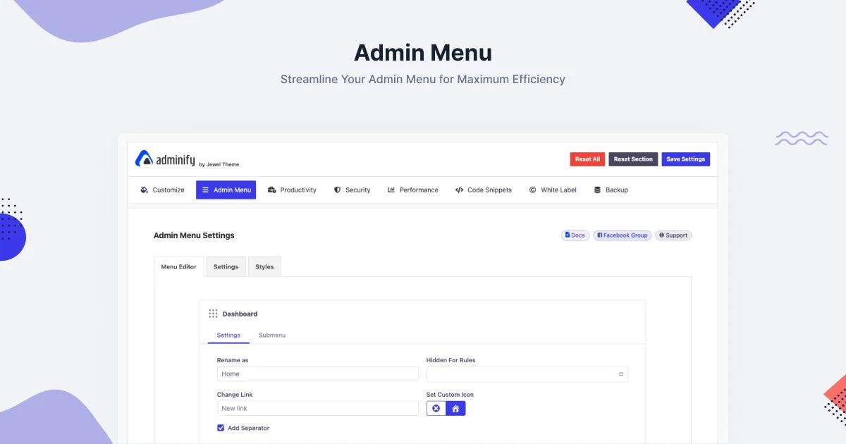 Admin menu Editor and settings