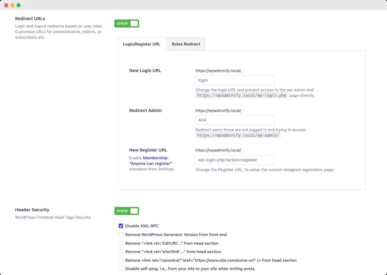 Security options by WP Adminify