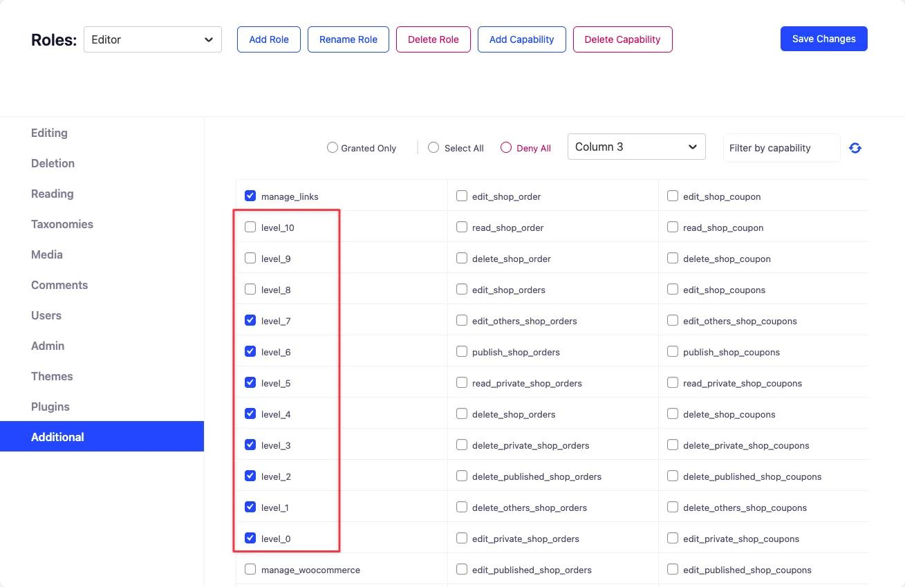 Define level for user roles