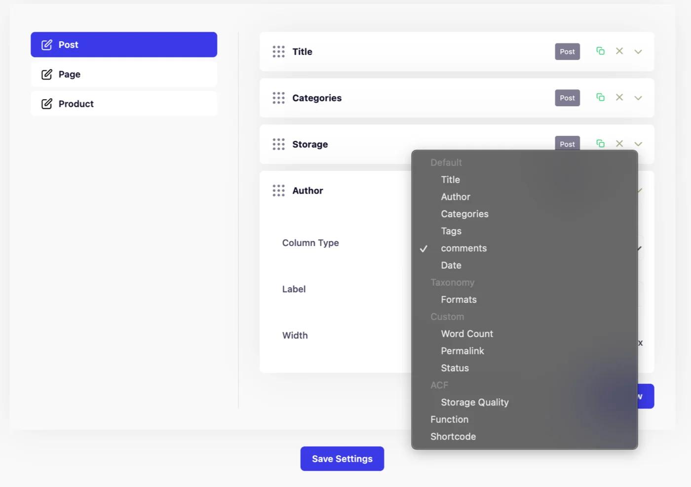 Default custom admin columns type for posts