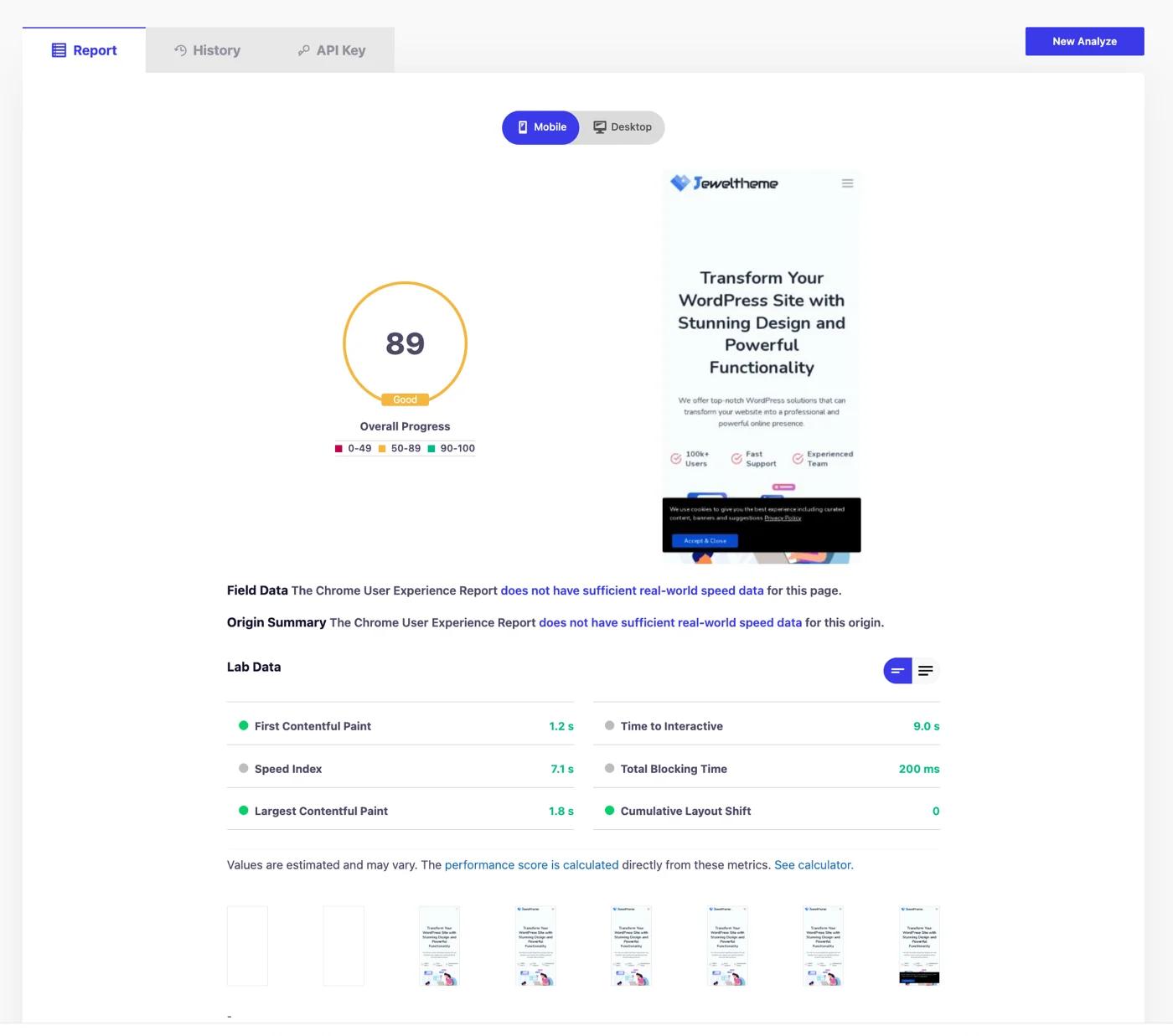 Pagespeed performance test by google pagespeed insights addon