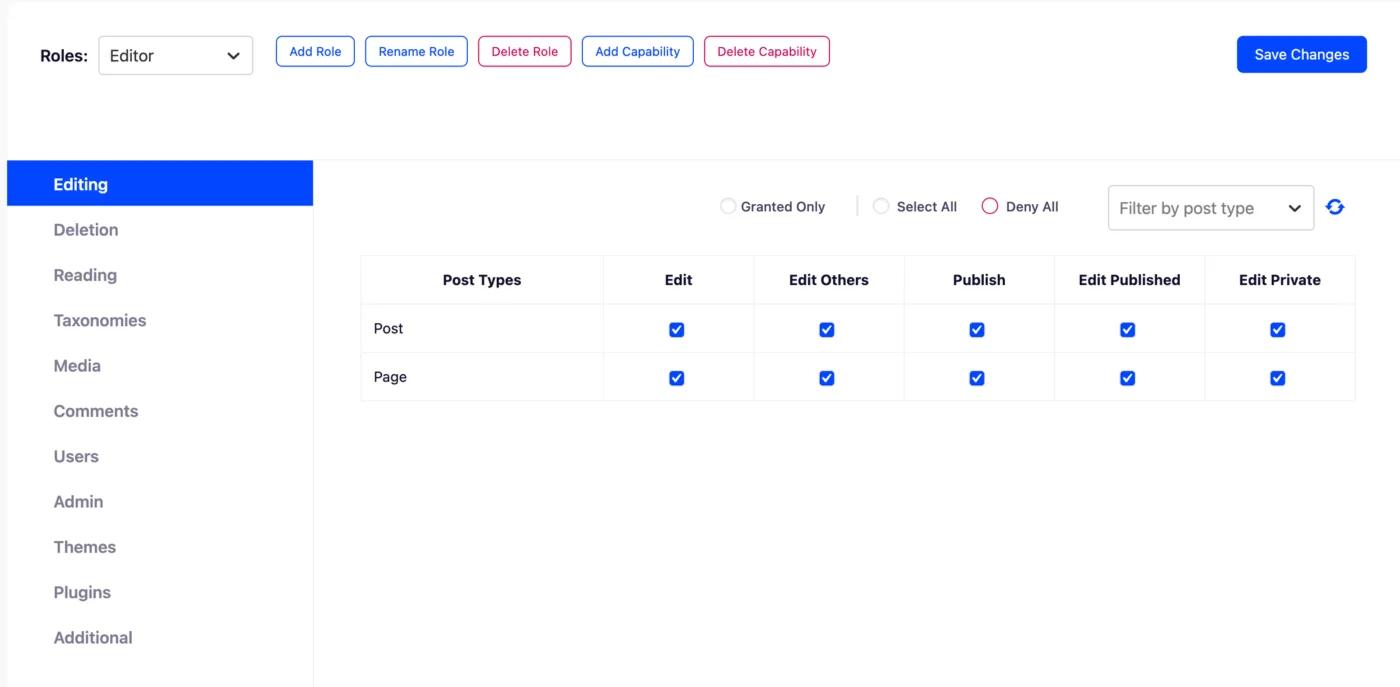 Check editor access by User Role Editor plugin