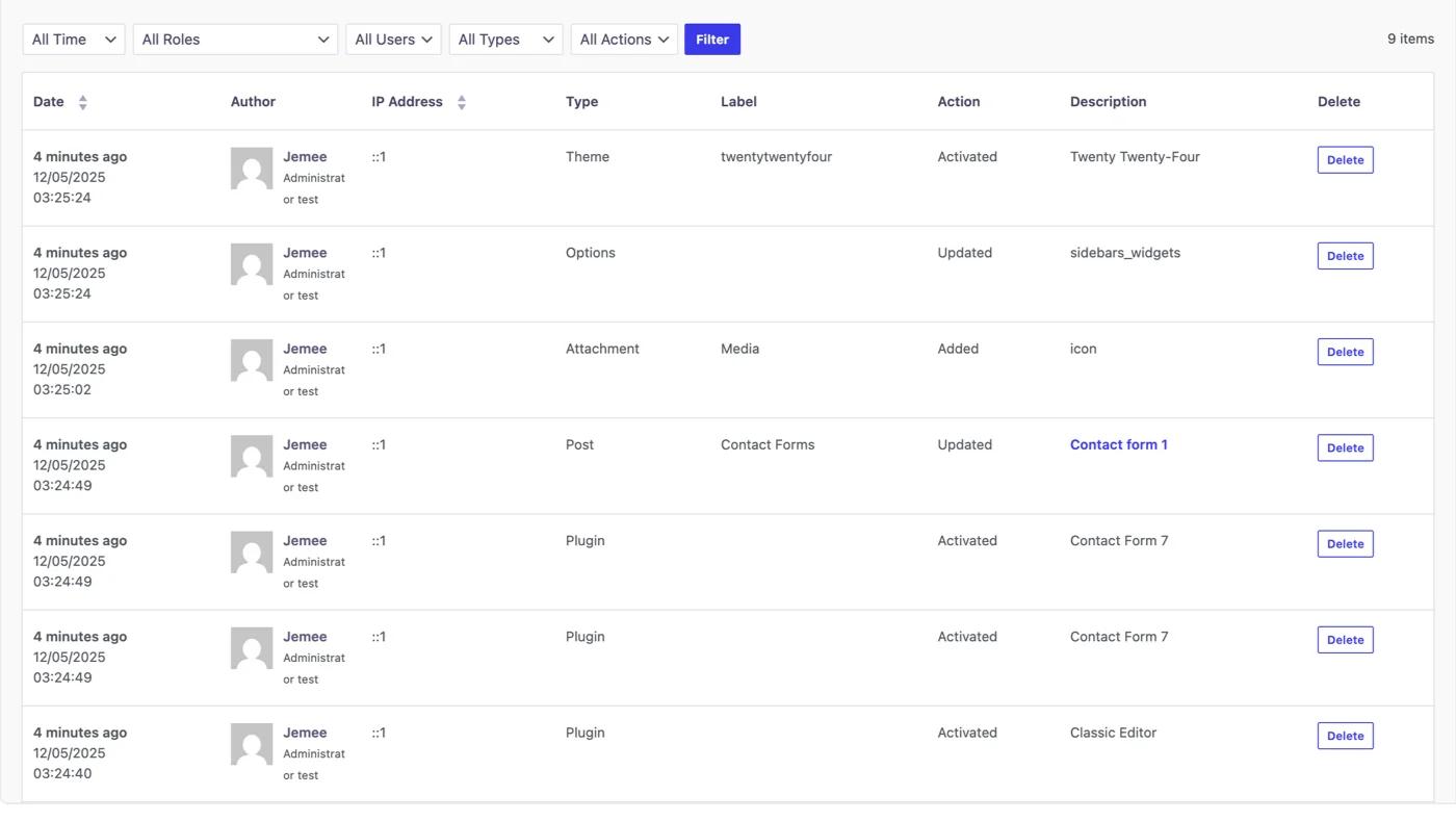 WP Adminify activity logs showing recent user actions in WordPress