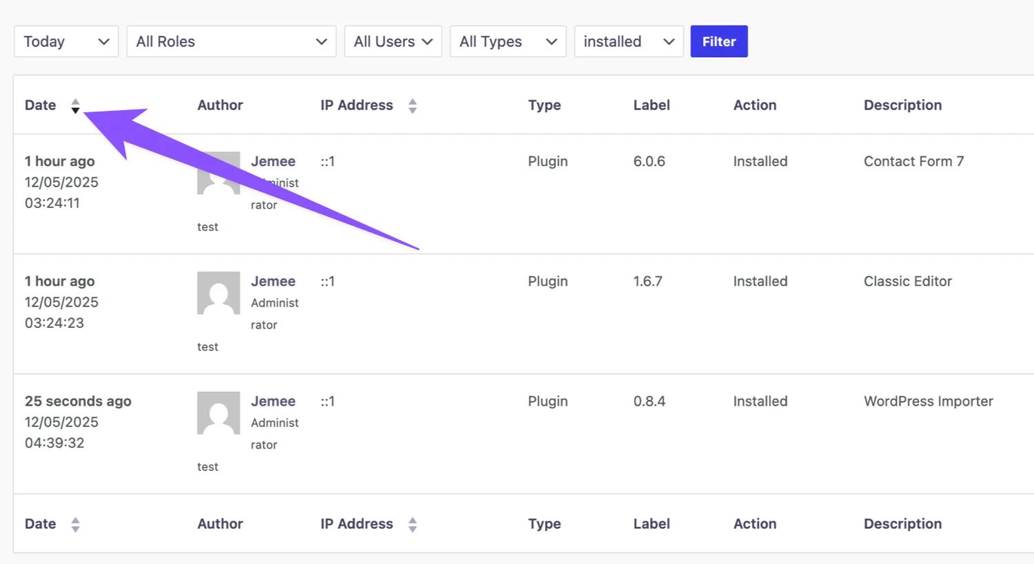 Sort Activity logs in ascending or descending