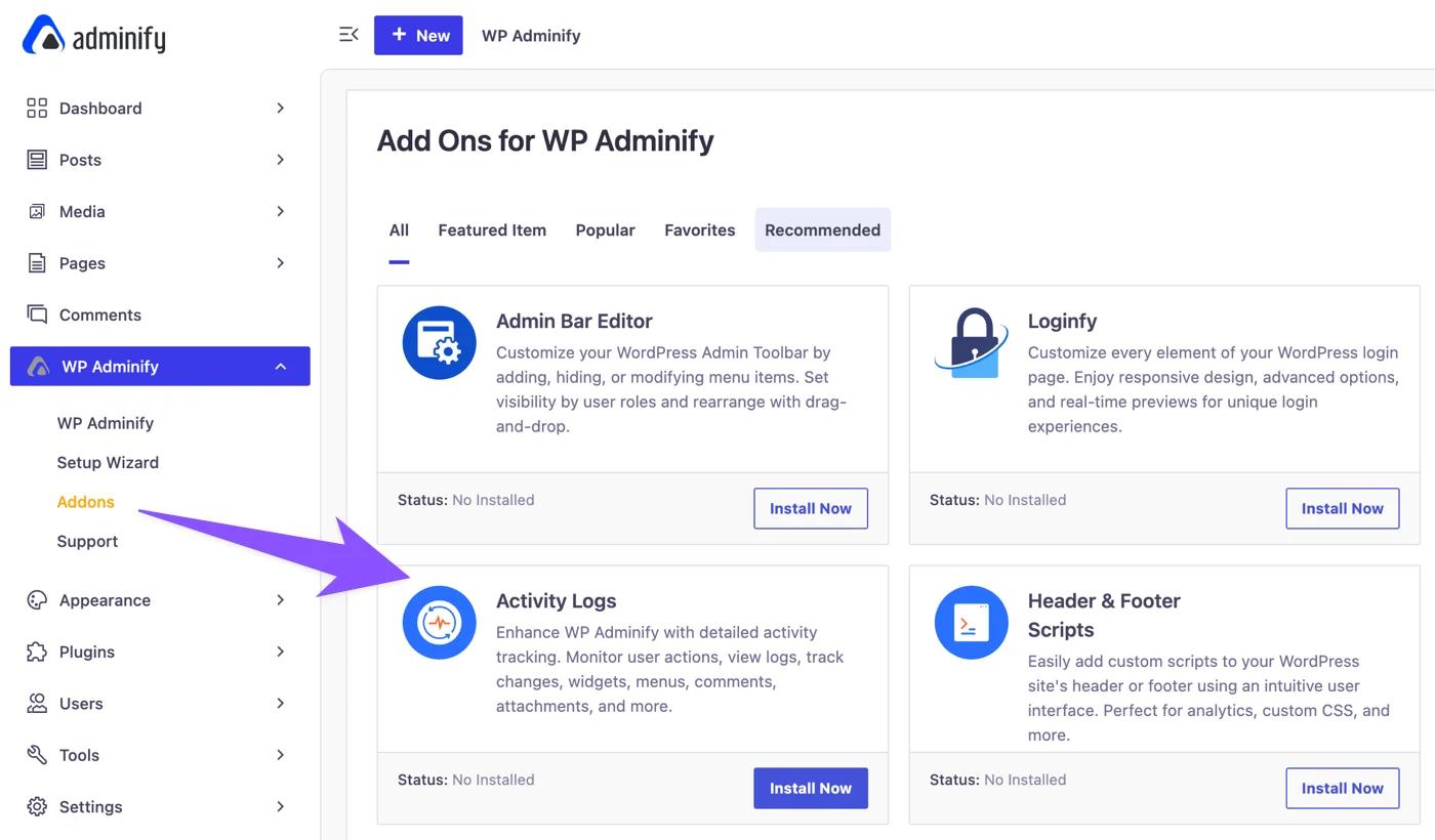 Activity Logs Addon installation