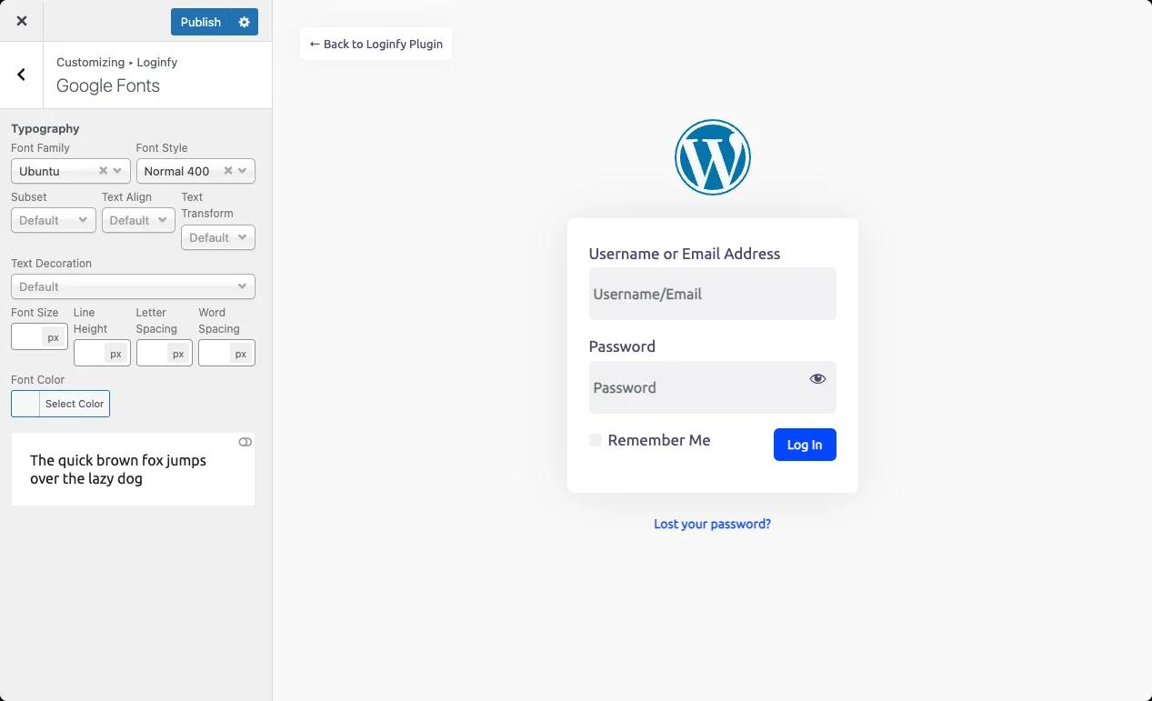 Custom google fonts for login page text