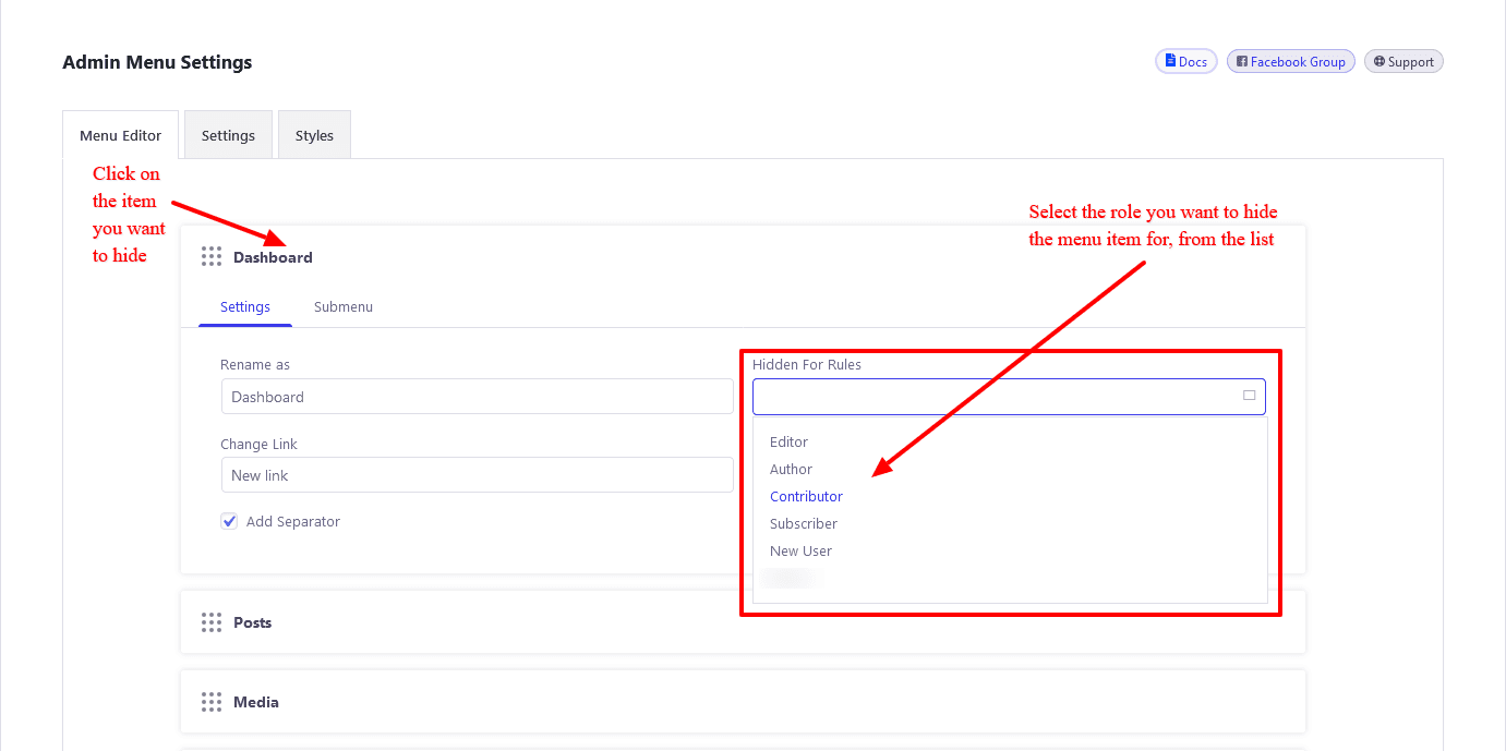 Hide menu items