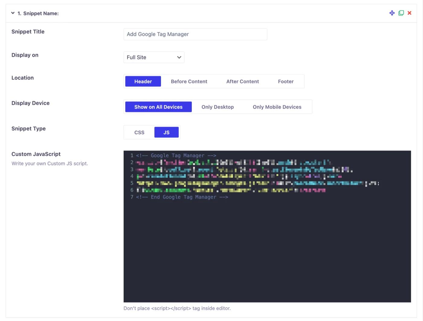 Instal Google Tag Manager with WP Adminify Code snippet