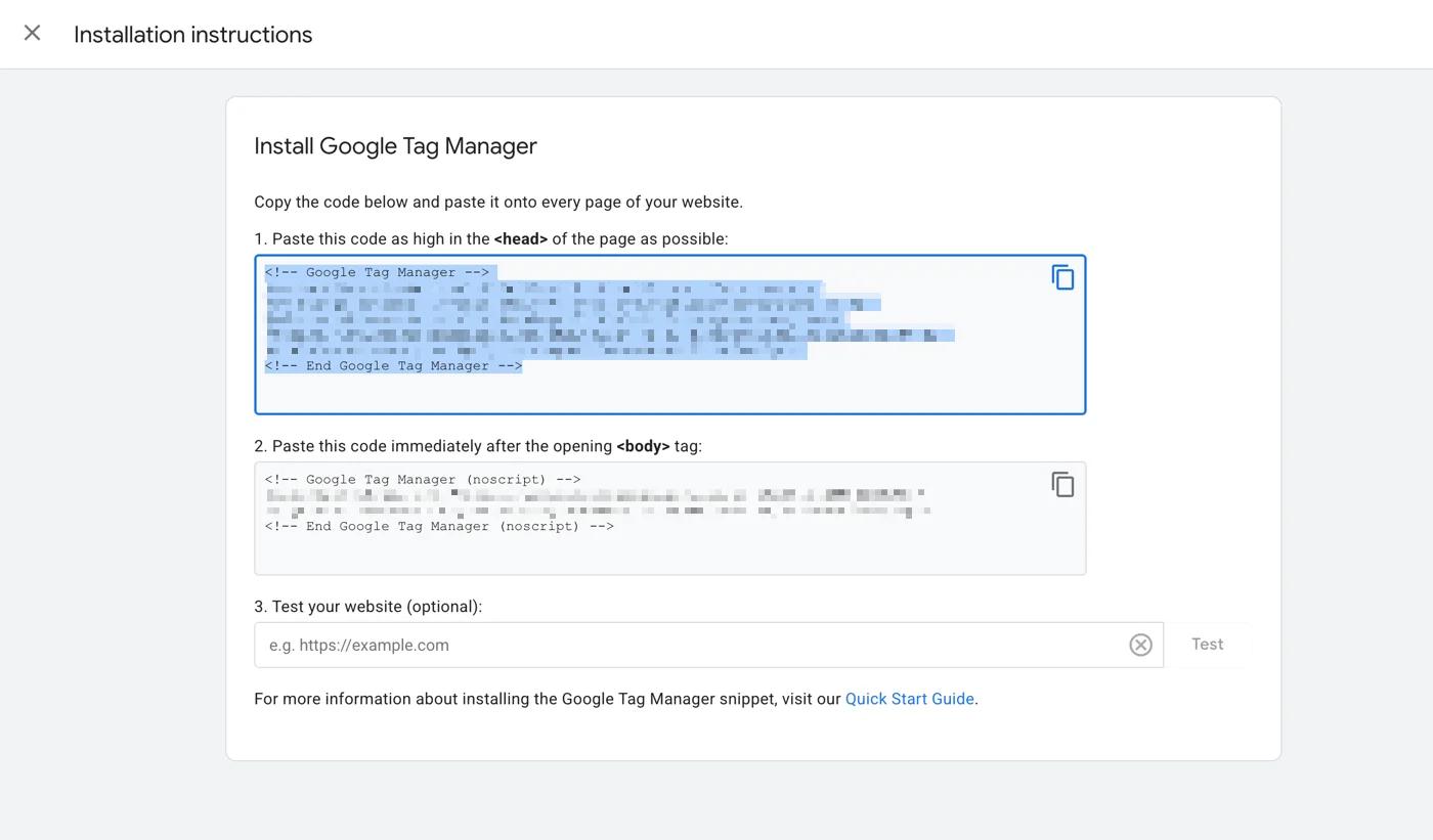 Copy Google Tag manager installation code