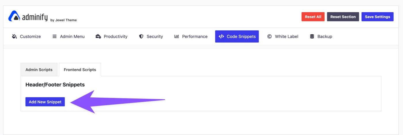 Add new snippet with Header Footer scripts addon