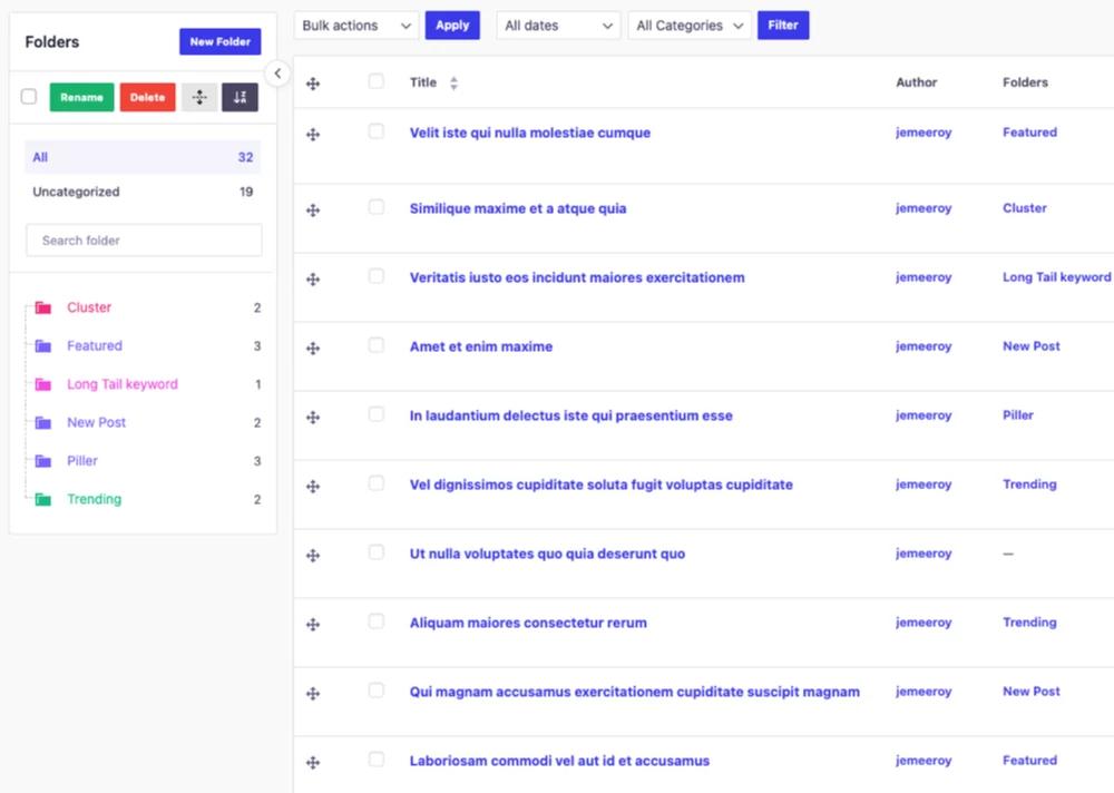 Folder sidebar on the Posts list screen, showing posts organized into topic folders