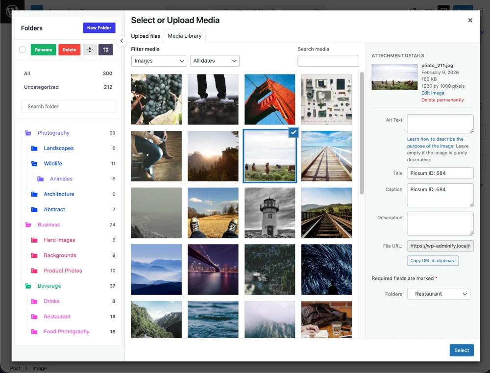 WP Adminify media folders visible in WordPress editor, page builder, and media modal