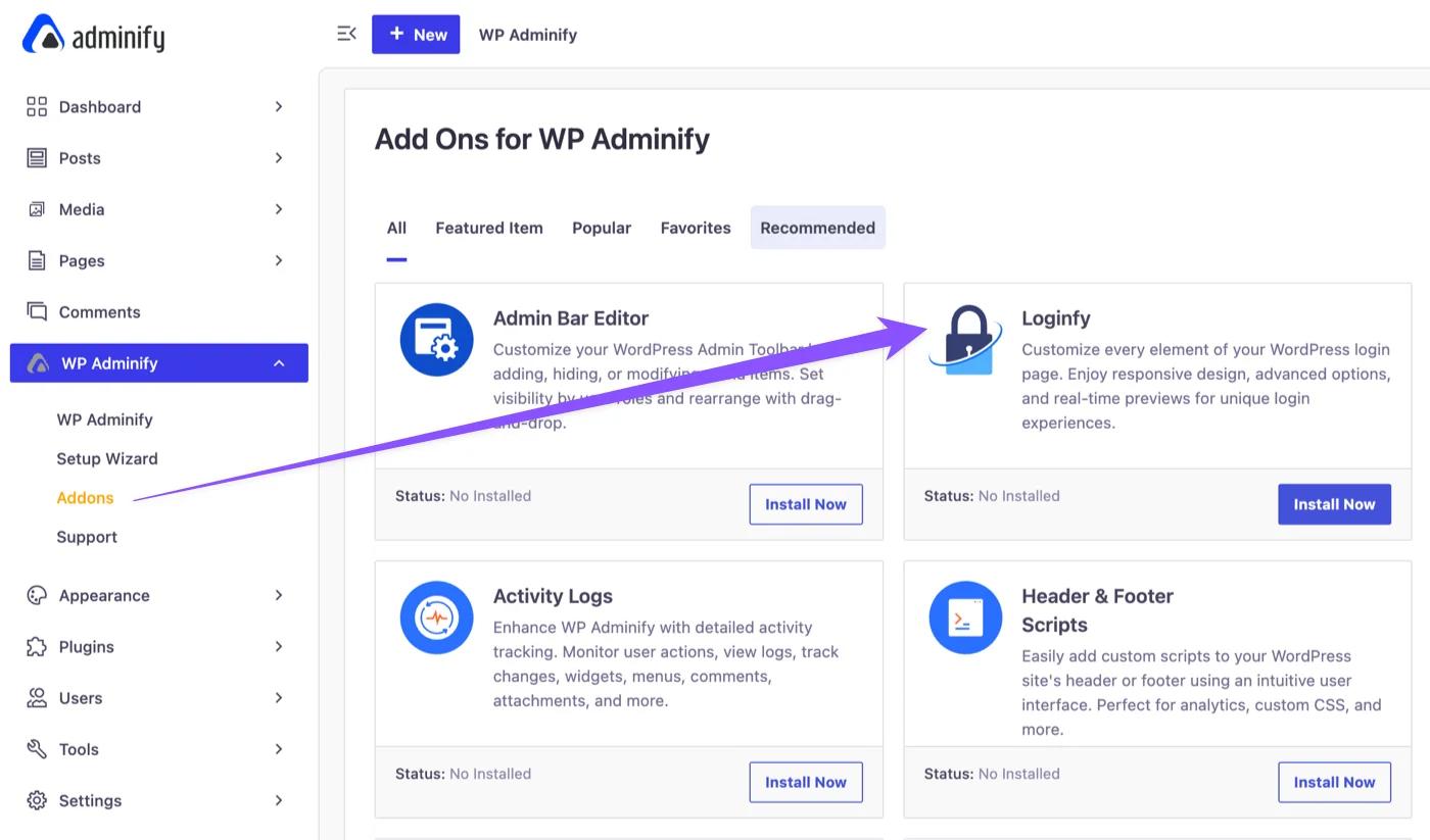 Install Loginfy addon from WP Adminify