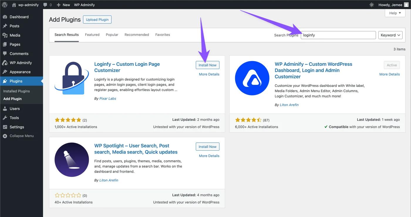 Install Loginfy without WP Adminify plugin