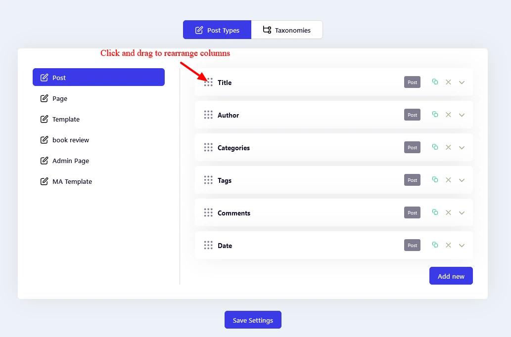 Click and drag to rearrange columns