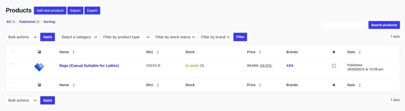 WooCommerce products admin columns after delete