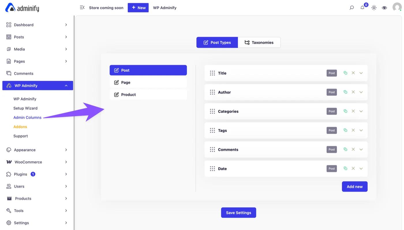 Access to Admin Columns option panel