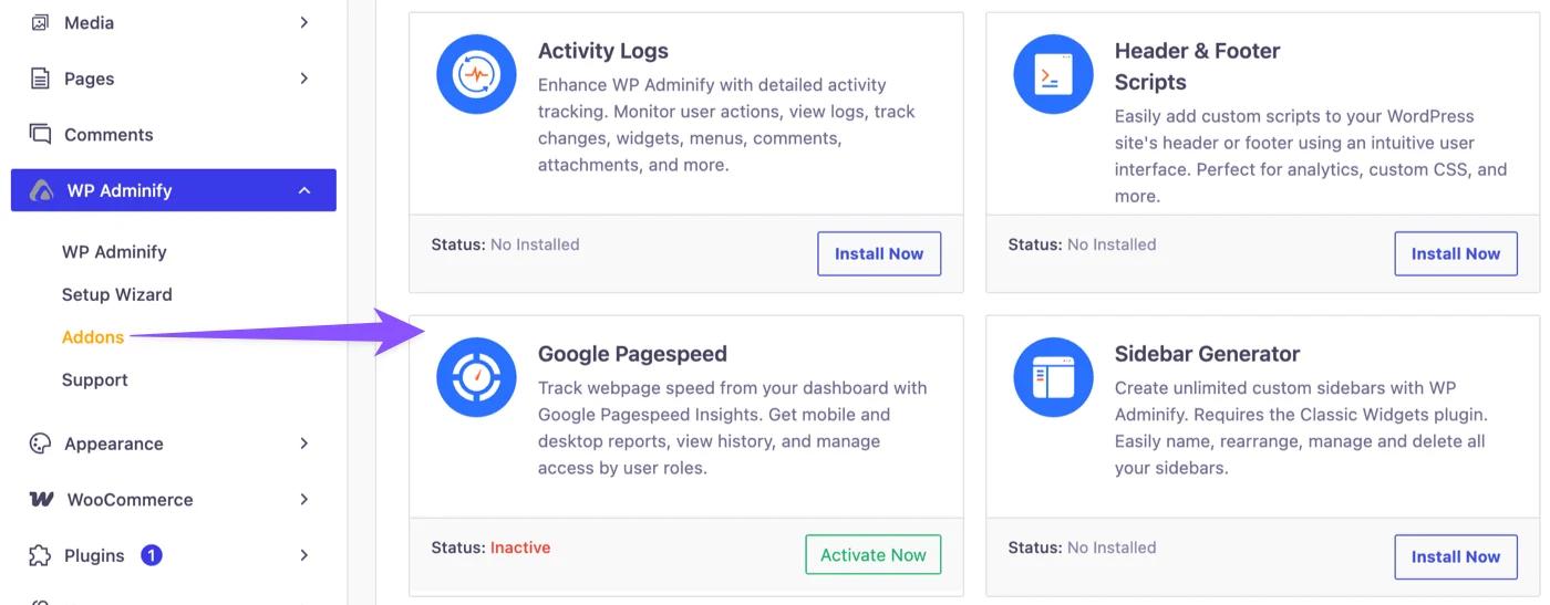 Install Google Pagespeed insights addon